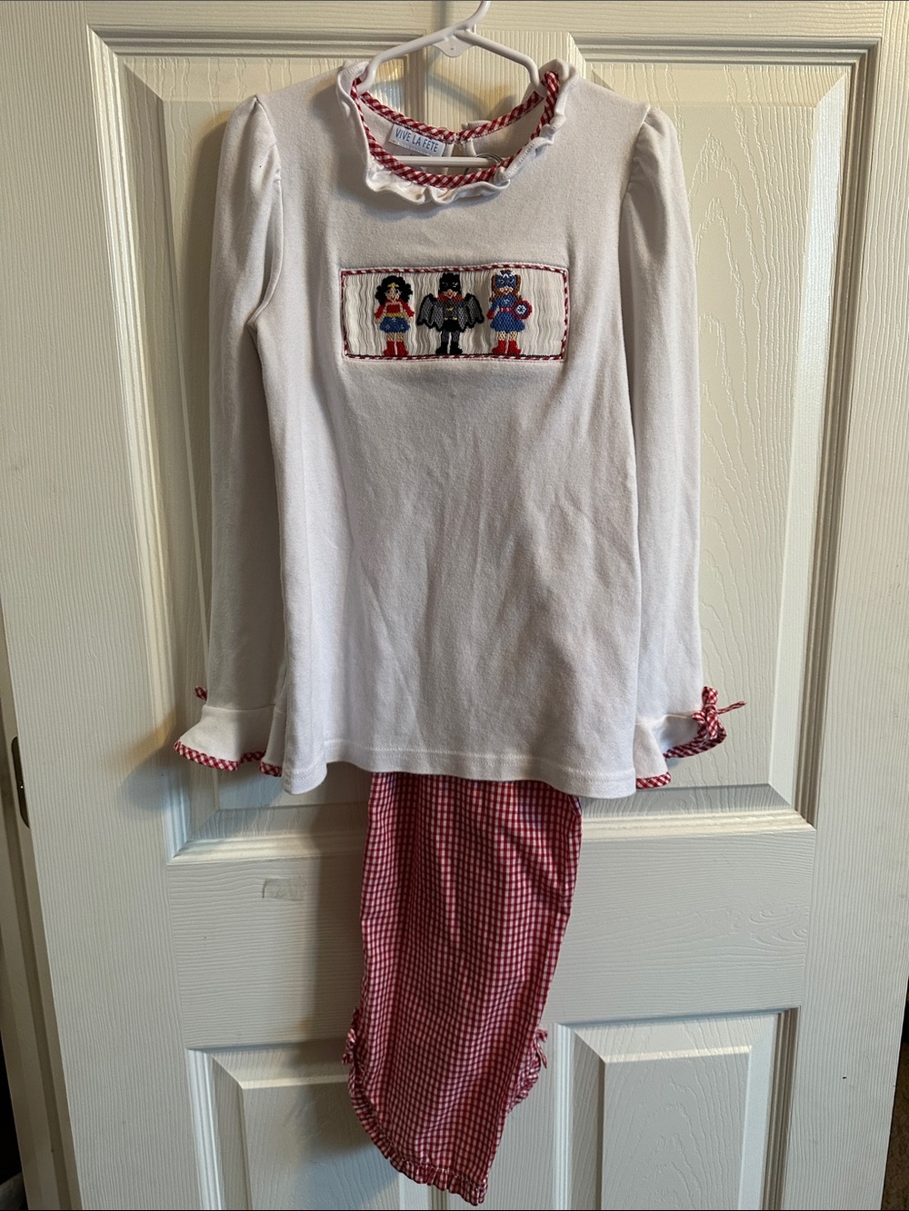 Girls White Smocked Superhero Set with Red Gingham Pants
